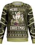 Olive green weed-themed Christmas sweater with stoned Santa smoking and “Merrijuana Christmas” text — bold stoner humor from CollegeWares.
