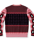 Back view of pink and black sweater with patterned sleeves and tree silhouettes — alternative festive style from CollegeWares.