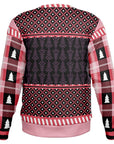 Back view of pink and black sweater with patterned sleeves and tree silhouettes — alternative festive style from CollegeWares.