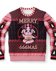 Black and pink Christmas sweater with “Merry 666mas” slogan and cartoon goat in pentagram — edgy holiday parody from CollegeWares.