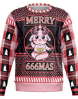 Black and pink Christmas sweater with “Merry 666mas” slogan and cartoon goat in pentagram — edgy holiday parody from CollegeWares.