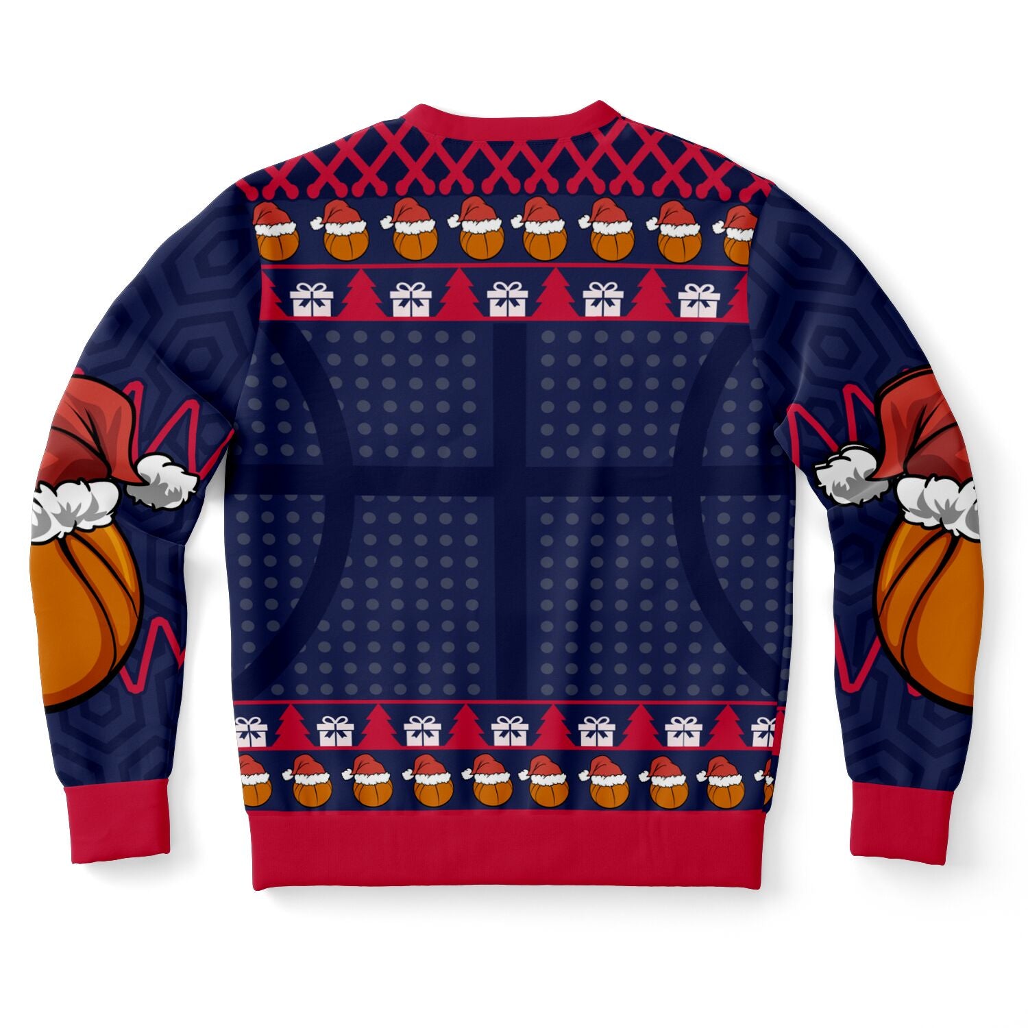 Back view of navy sweater with court pattern, basketball sleeves, and no text — athletic Christmas style from CollegeWares.