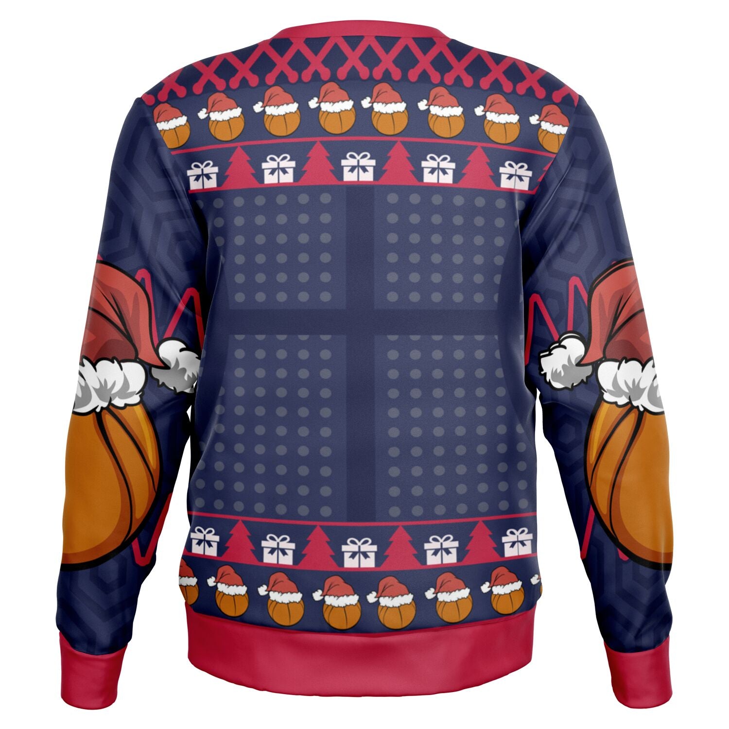 Back view of navy sweater with court pattern, basketball sleeves, and no text — athletic Christmas style from CollegeWares.