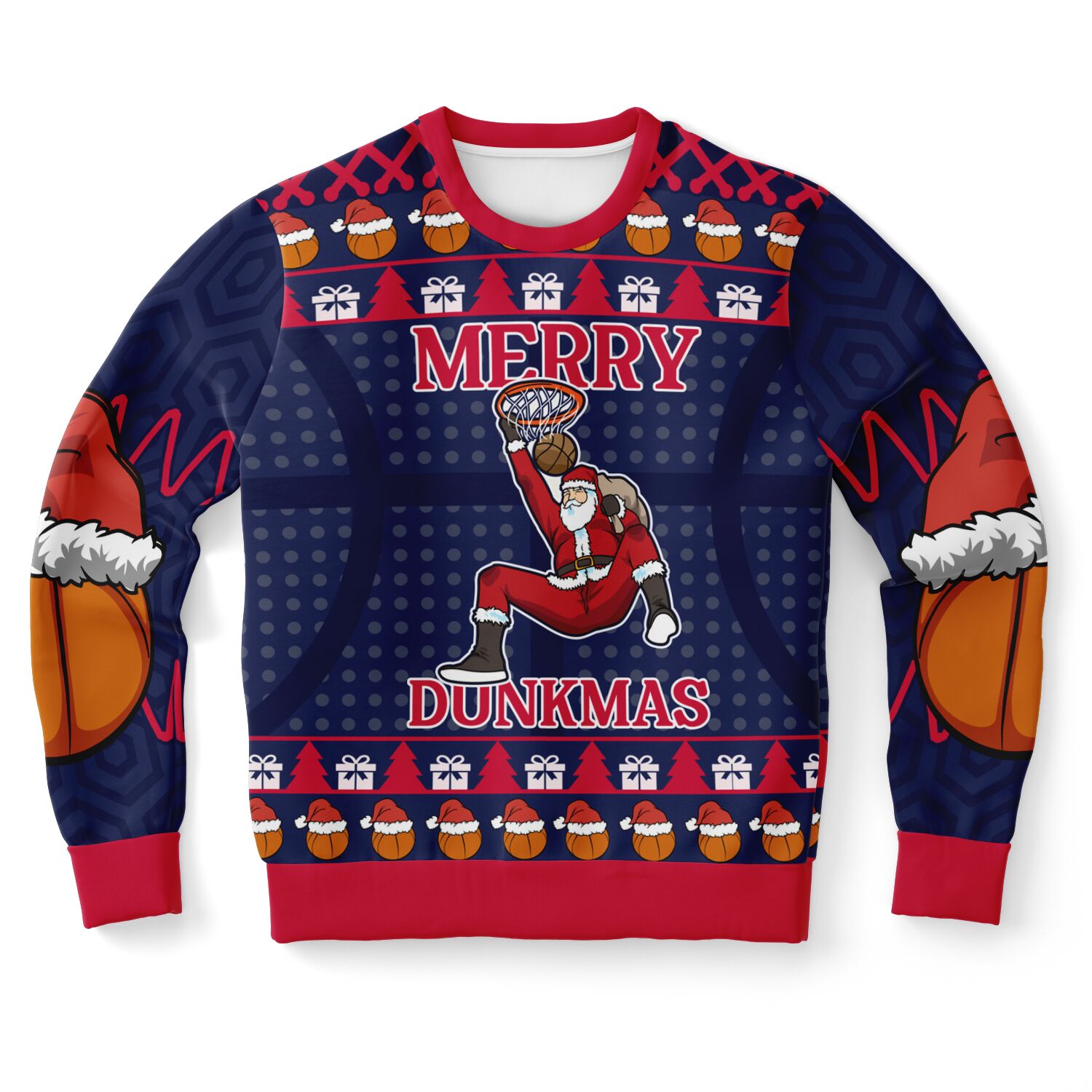 Navy and red Christmas sweater with Santa slam dunking a basketball and “Merry Dunkmas” slogan — sporty holiday partywear from CollegeWares.
