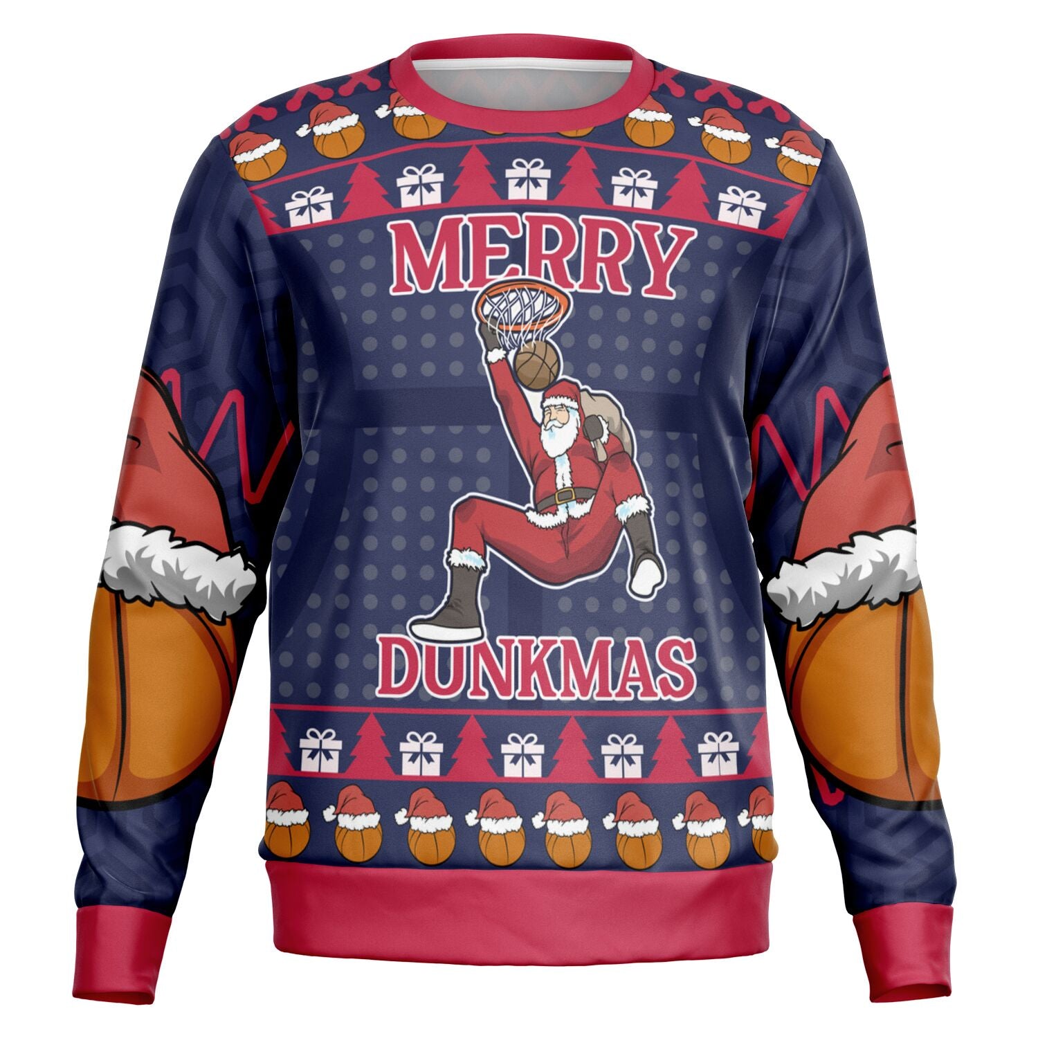 Navy and red Christmas sweater with Santa slam dunking a basketball and “Merry Dunkmas” slogan — sporty holiday partywear from CollegeWares.
