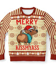 Cream and red Christmas sweater with a cartoon dog in a Santa hat showing its butt and “Merry Kissmyass” text — funny pet-themed holiday wear from CollegeWares.