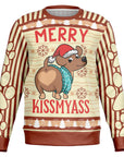 Cream and red Christmas sweater with a cartoon dog in a Santa hat showing its butt and “Merry Kissmyass” text — funny pet-themed holiday wear from CollegeWares.