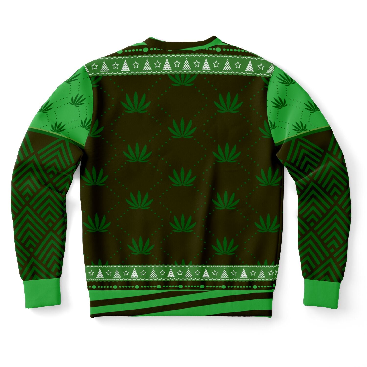 Back view of dark green weed-themed sweater with marijuana leaf pattern and festive trim — laid-back Christmas style from CollegeWares.