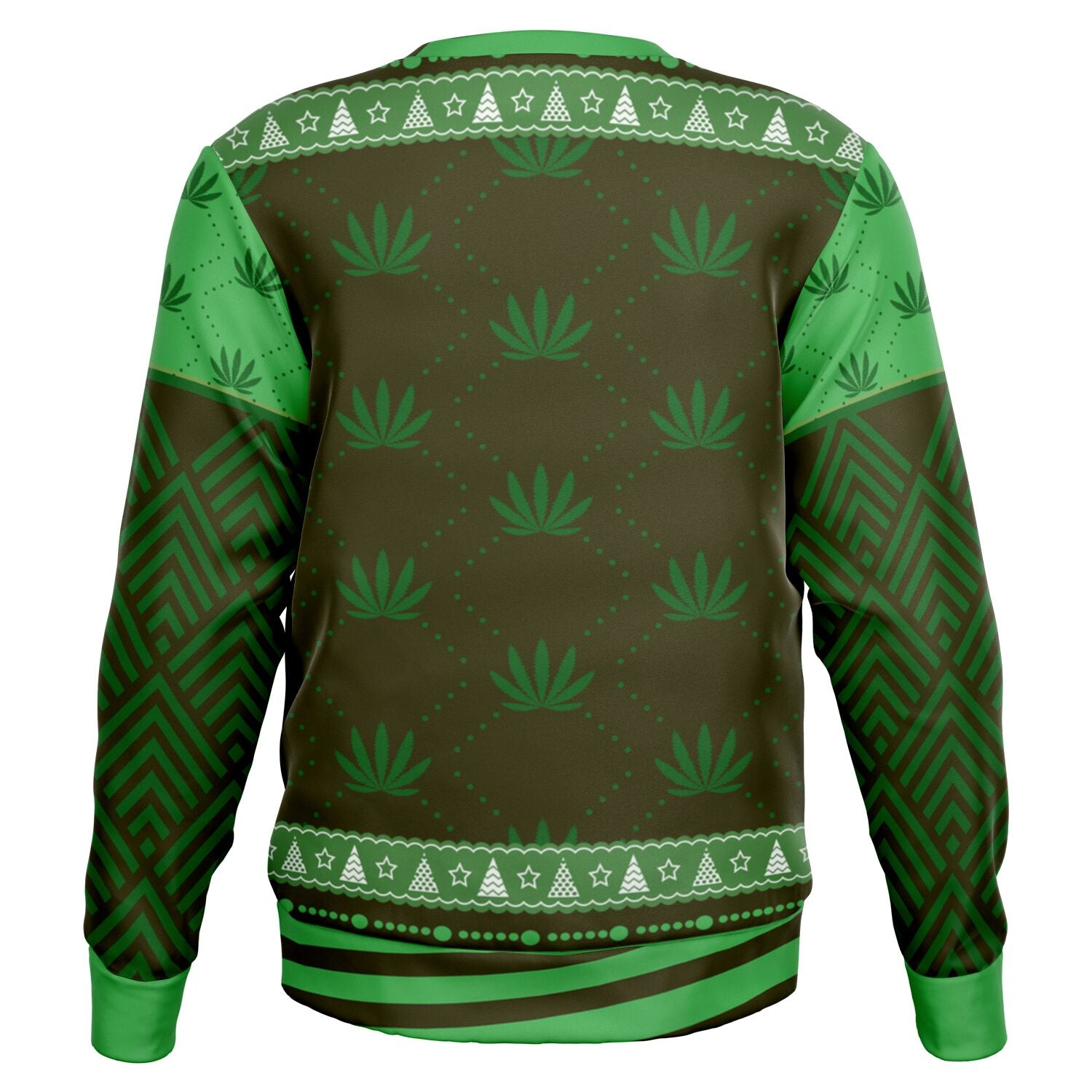 Back view of dark green weed-themed sweater with marijuana leaf pattern and festive trim — laid-back Christmas style from CollegeWares.