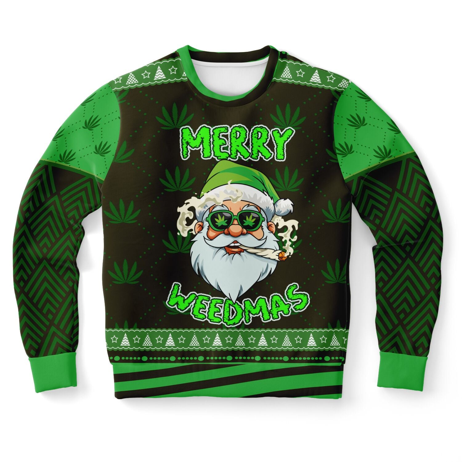 Dark green and black Christmas sweater with stoned Santa graphic, weed leaf sunglasses, joint in mouth, and “Merry Weedmas” slogan — stoner holiday humor from CollegeWares.