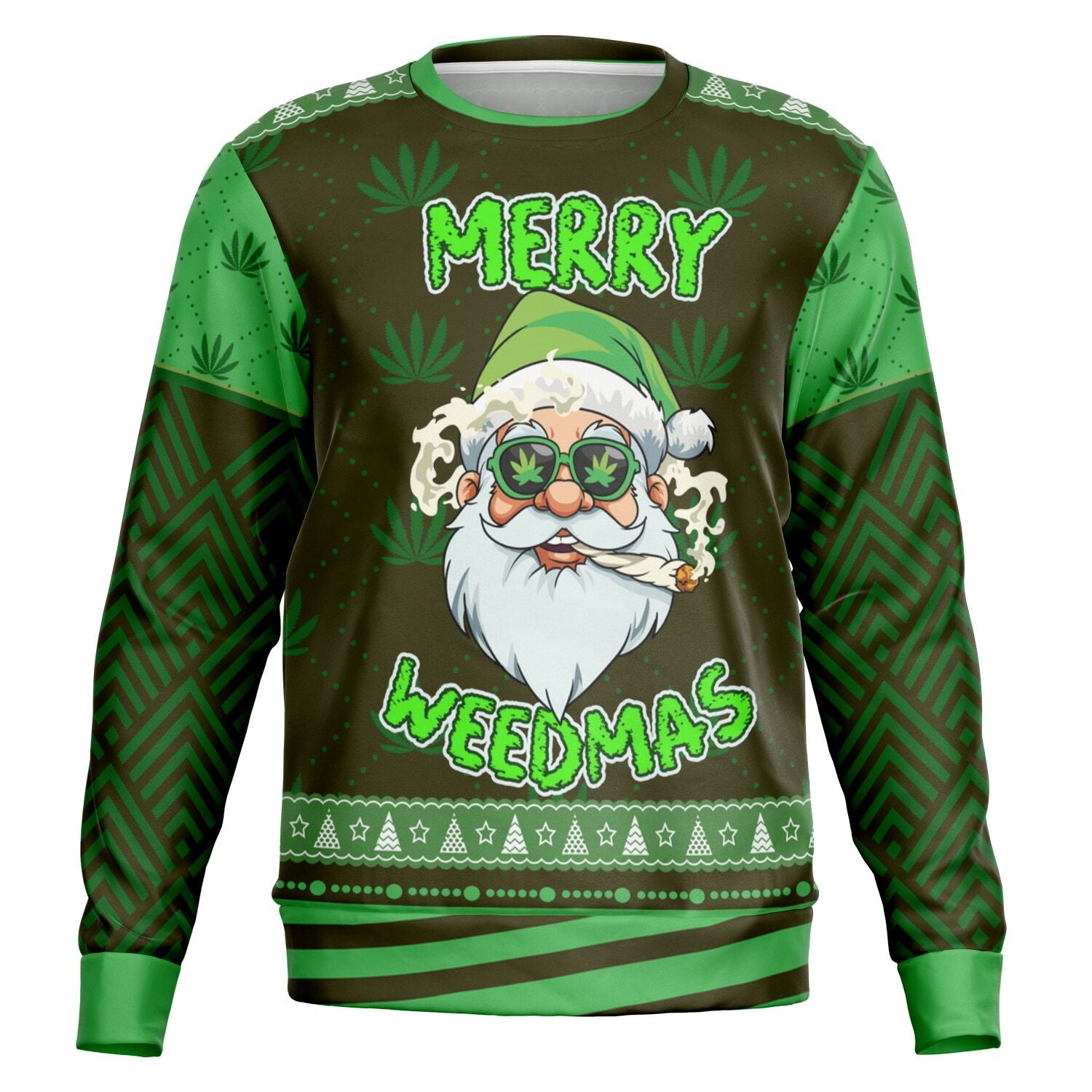 Dark green and black Christmas sweater with stoned Santa graphic, weed leaf sunglasses, joint in mouth, and “Merry Weedmas” slogan — stoner holiday humor from CollegeWares.