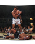 Flag showing Muhammad Ali flexing over a knocked-out Sonny Liston in the boxing ring — legendary fight moment turned bold college dorm flag for athletes, boxing fans, and gym bros by CollegeWares.