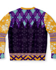 Back view of purple sweater with patterned shoulders, snowflakes, and no text — edgy psychic-themed design from CollegeWares.