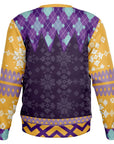Back view of purple sweater with patterned shoulders, snowflakes, and no text — edgy psychic-themed design from CollegeWares.