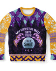 Purple and gold Christmas sweater with a crystal ball and “My Crystal Ball Says You’re Full of Shit” slogan — witchy, sarcastic holiday apparel from CollegeWares.