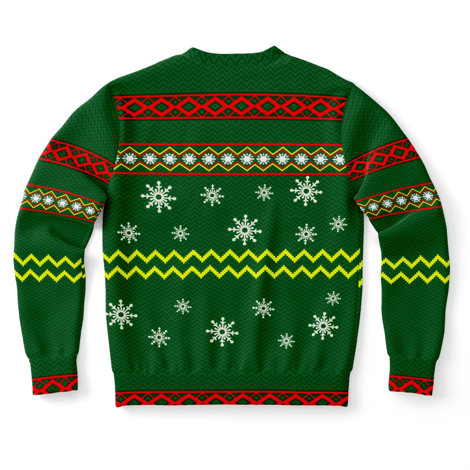 Back view of green sweater with red accents and scattered snowflakes — classic holiday mischief from CollegeWares.
