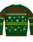 Back view of green sweater with red accents and scattered snowflakes — classic holiday mischief from CollegeWares.
