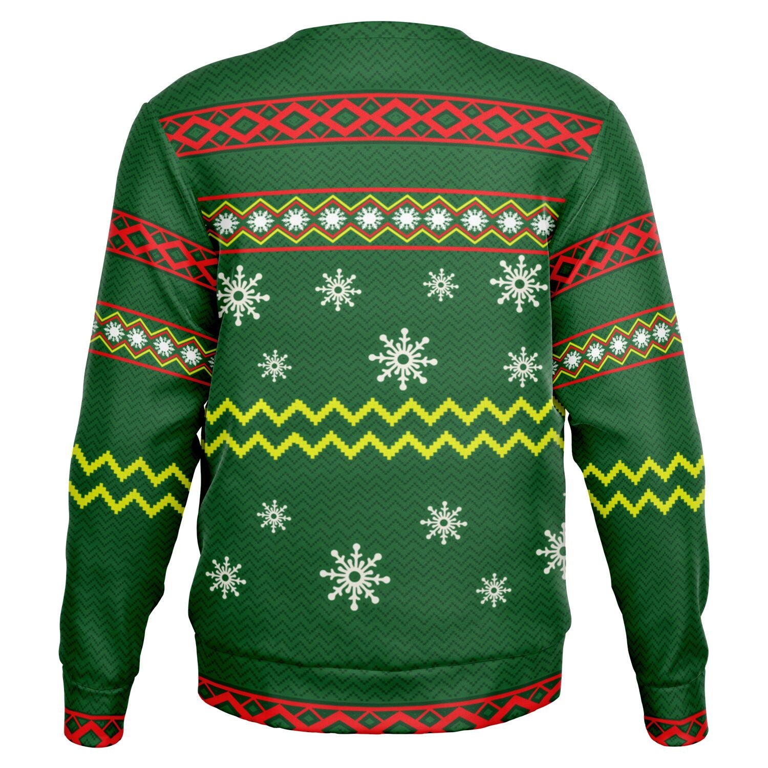 Back view of green sweater with red accents and scattered snowflakes — classic holiday mischief from CollegeWares.