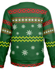 Back view of green sweater with red accents and scattered snowflakes — classic holiday mischief from CollegeWares.