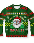 Green Christmas sweater with Santa in sunglasses, decorated trees, snowflakes, and “Nice Until Proven Naughty” slogan — playful festive wear from CollegeWares.