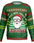 Green Christmas sweater with Santa in sunglasses, decorated trees, snowflakes, and “Nice Until Proven Naughty” slogan — playful festive wear from CollegeWares.