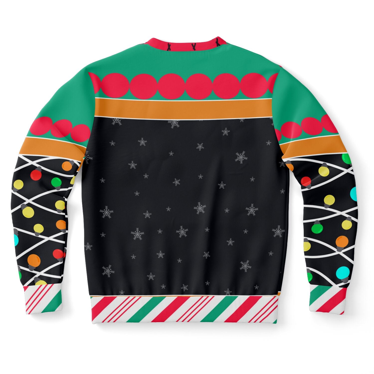 Back view of black Christmas sweater with snowflake print and colorful lights — festive with a naughty flair from CollegeWares.