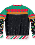 Back view of black Christmas sweater with snowflake print and colorful lights — festive with a naughty flair from CollegeWares.