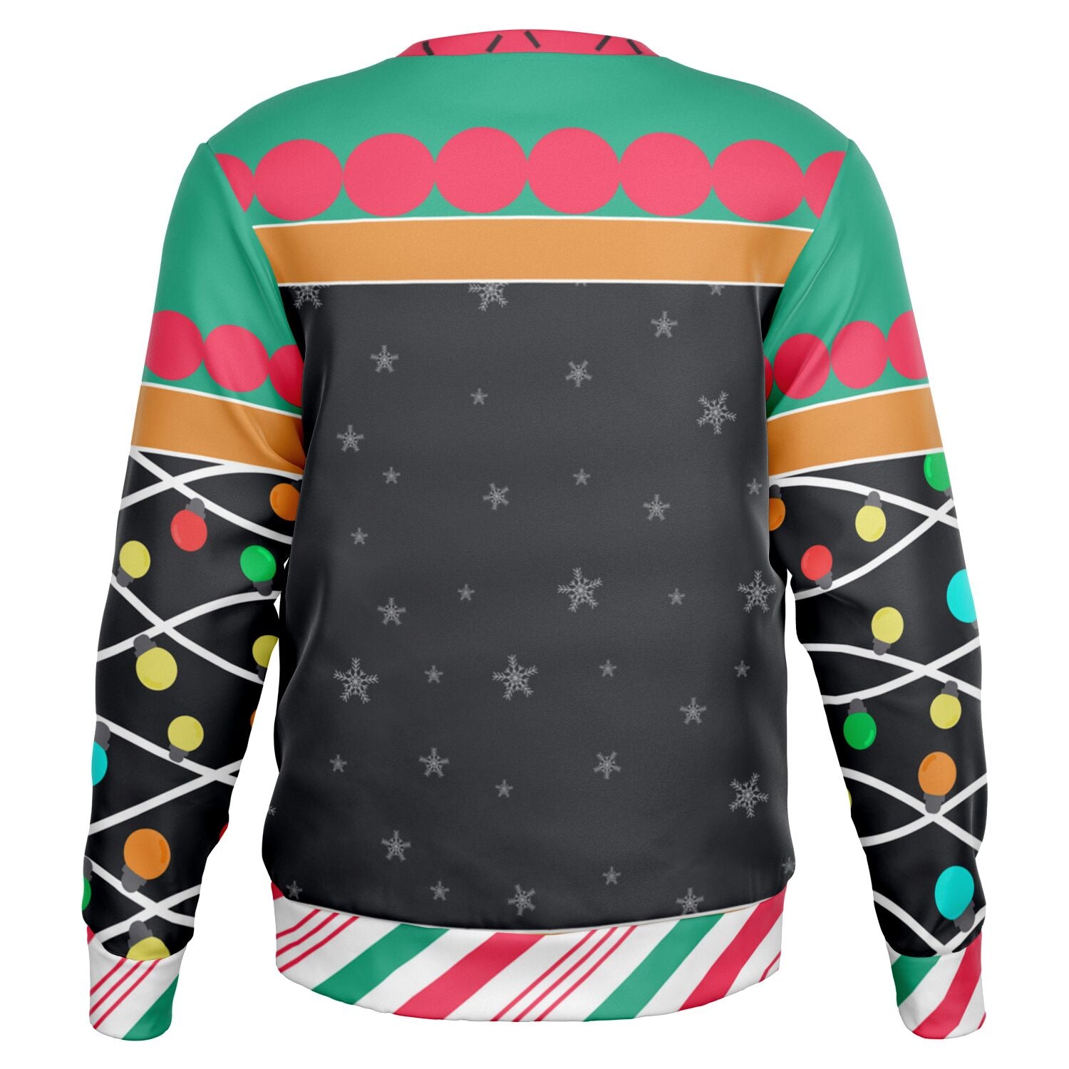 Back view of black Christmas sweater with snowflake print and colorful lights — festive with a naughty flair from CollegeWares.