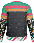 Back view of black Christmas sweater with snowflake print and colorful lights — festive with a naughty flair from CollegeWares.