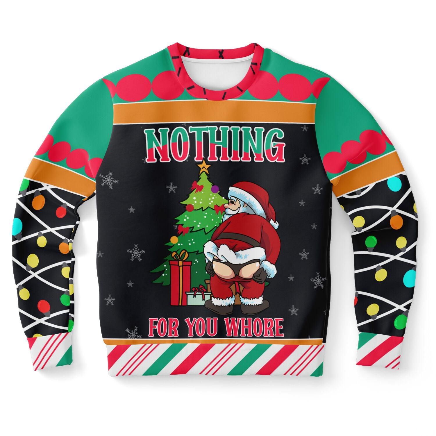 Black Christmas sweater with Santa mooning and “Nothing for You Whore” slogan next to a tree and gifts — edgy and hilarious holiday design from CollegeWares.