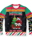Black Christmas sweater with Santa mooning and “Nothing for You Whore” slogan next to a tree and gifts — edgy and hilarious holiday design from CollegeWares.