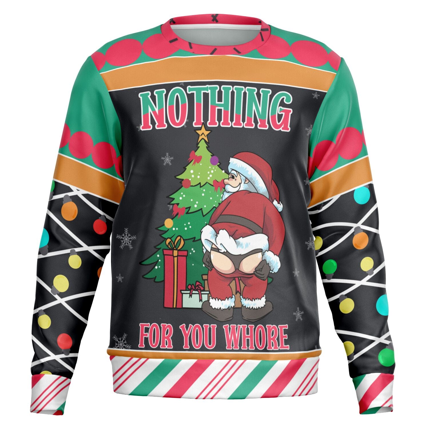 Black Christmas sweater with Santa mooning and “Nothing for You Whore” slogan next to a tree and gifts — edgy and hilarious holiday design from CollegeWares.