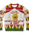 White and red Christmas sweater with “Oh Look Nobody Gives a Shit” slogan, cartoon blonde woman with binoculars — bold and funny anti-holiday energy from CollegeWares.