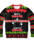 White and red Christmas sweater with “Oh Look Nobody Gives a Shit” slogan, cartoon blonde woman with binoculars — bold and funny anti-holiday energy from CollegeWares.