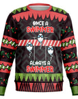 White and red Christmas sweater with “Oh Look Nobody Gives a Shit” slogan, cartoon blonde woman with binoculars — bold and funny anti-holiday energy from CollegeWares.