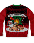 Back view of red sweater with repeating naked Santa fireplace design and no additional text — outrageous festive energy from CollegeWares.