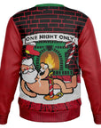 Back view of red sweater with repeating naked Santa fireplace design and no additional text — outrageous festive energy from CollegeWares.