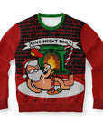 Red and black Christmas sweater with naked Santa lounging by a green fireplace and “One Night Only” banner — hilariously bold adult holiday style from CollegeWares.