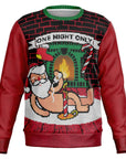 Red and black Christmas sweater with naked Santa lounging by a green fireplace and “One Night Only” banner — hilariously bold adult holiday style from CollegeWares.