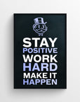 Poster with the quote “Stay Positive Work Hard Make It Happen” in stacked bold text, where “Positive,” “Hard,” and “Happen” are highlighted in purple — forming a secret message “Positive Hard Happen.” The design features a matte black background with a top-hat cartoon character above — bold mindset decor from CollegeWares.