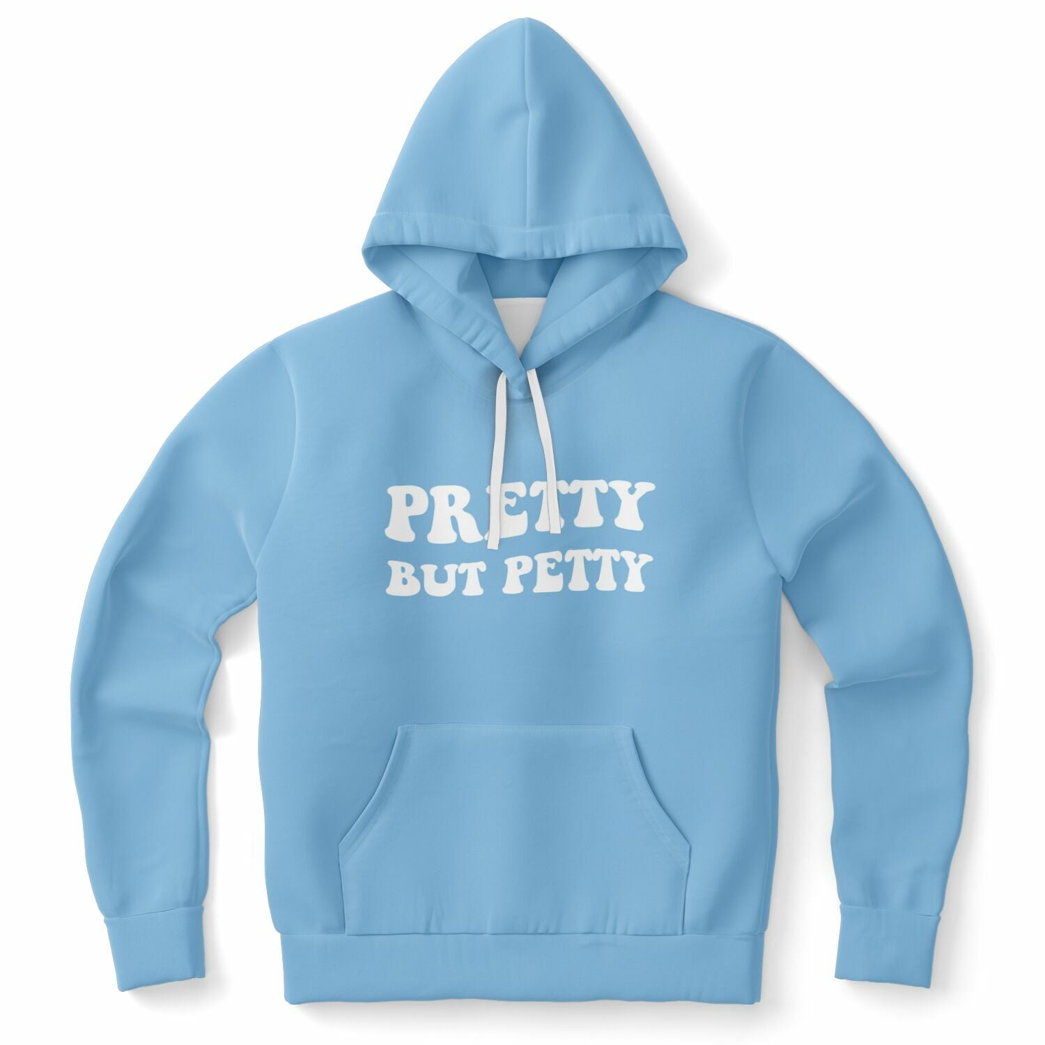Blue hoodie with large white funky text across the chest that reads “PRETTY BUT PETTY” — aesthetic attitude with a smile, perfect for the baddie who bites back, from CollegeWares.