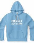 Blue hoodie with large white funky text across the chest that reads “PRETTY BUT PETTY” — aesthetic attitude with a smile, perfect for the baddie who bites back, from CollegeWares.