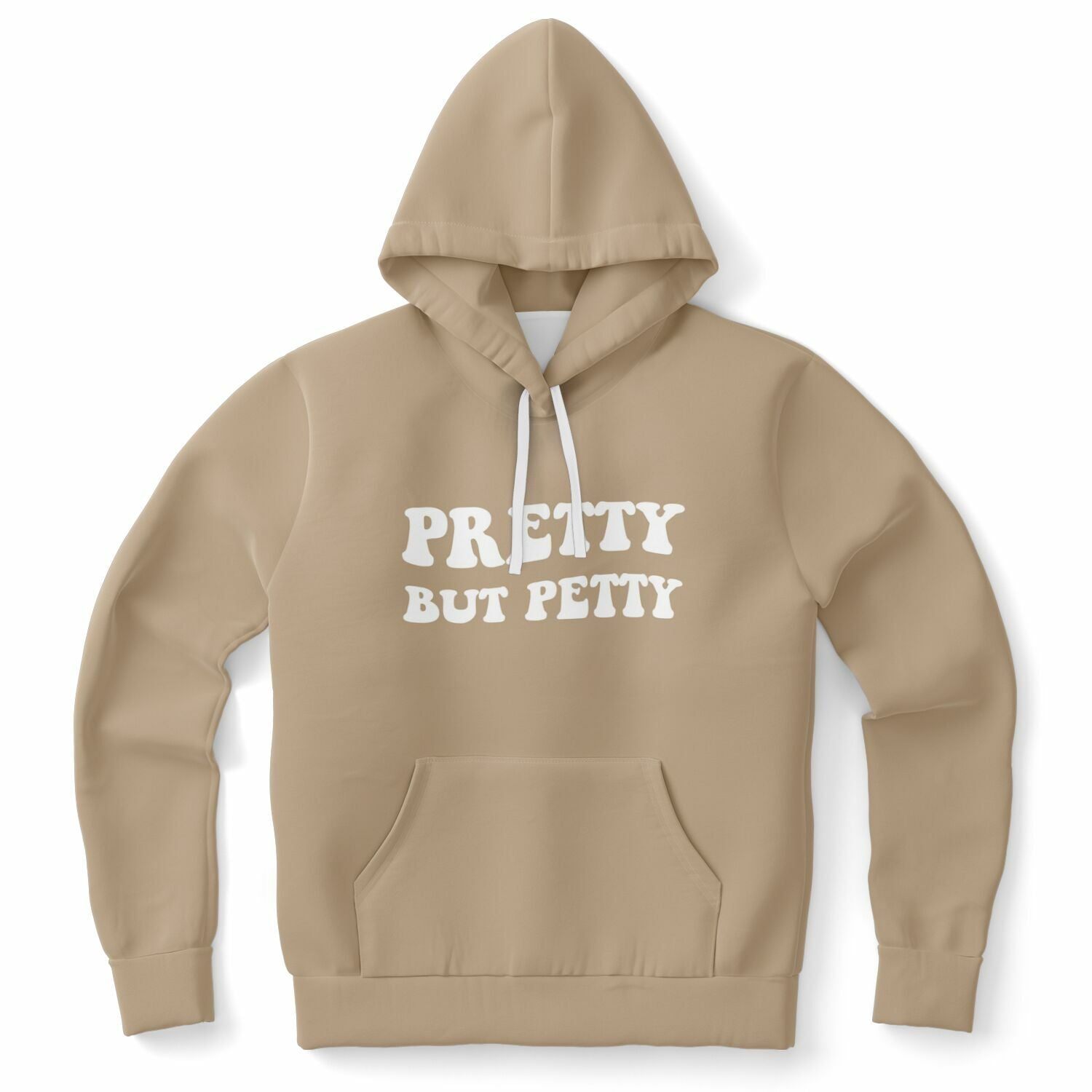 Pink hoodie featuring bubbly white block letters spelling out “PRETTY BUT PETTY” — soft, sweet, and passive-aggressively stylish, made for chaotic hot girls by CollegeWares.