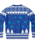 ack view of blue sweater with white trees and snowflake pattern — quirky cactus-themed Christmas look from CollegeWares.