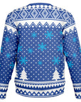 ack view of blue sweater with white trees and snowflake pattern — quirky cactus-themed Christmas look from CollegeWares.