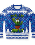 Blue Christmas sweater with cartoon cactus wearing lights and “Prickly and Lit” text — bold and playful holiday humor from CollegeWares.