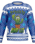 Blue Christmas sweater with cartoon cactus wearing lights and “Prickly and Lit” text — bold and playful holiday humor from CollegeWares.