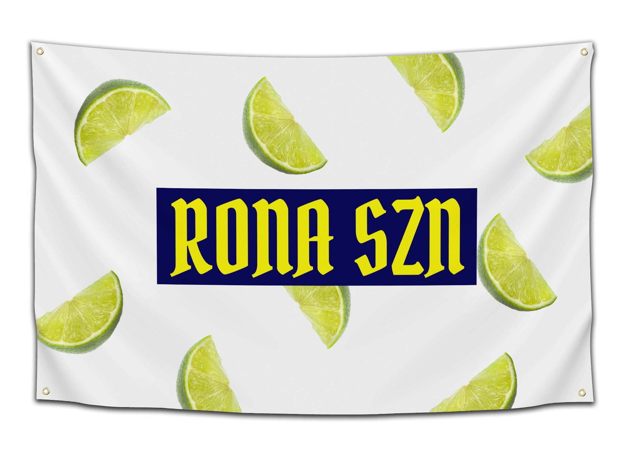 Flag featuring bold white text “RONA SZN” on a black background — funny 2020 quarantine meme flag from CollegeWares.