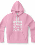 Light pink hoodie featuring the phrase “REMEMBER ME IN YOUR PRAYERS LIKE YOU DO IN YOUR GOSSIP” in chunky white retro text, bold and unapologetic — perfect for the drama magnet with holy receipts.