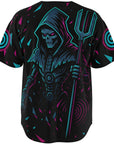 3D render of the Riddim Reaper jersey back showing the hooded skeleton with a glowing trident centered against cyan and magenta shards spreading across the black fabric.